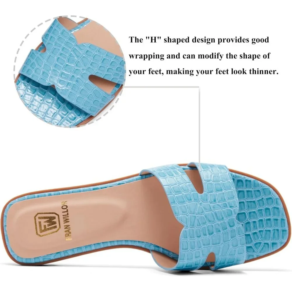 Women's Blue Square Slip On Open Toe Summer Beach Flat Slide Sandals - Picture 3 of 6
